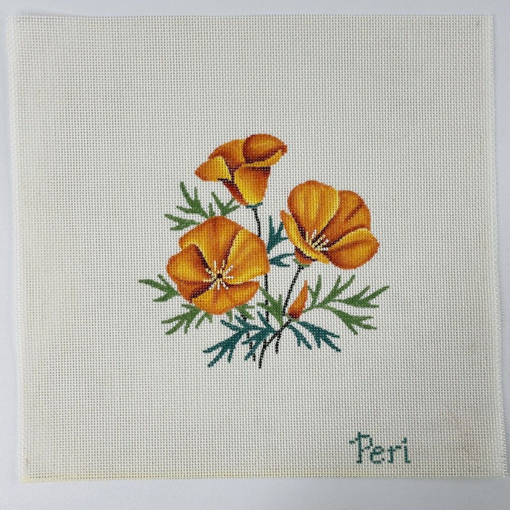 Peri California Poppy Needlepoint Canvas, 14 Count, Golden Orange Poppies 6x6"